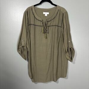 CJ Banks Gray Boho Embroidered Peasant Blouse - Size 1X - Women's Plus Size Top